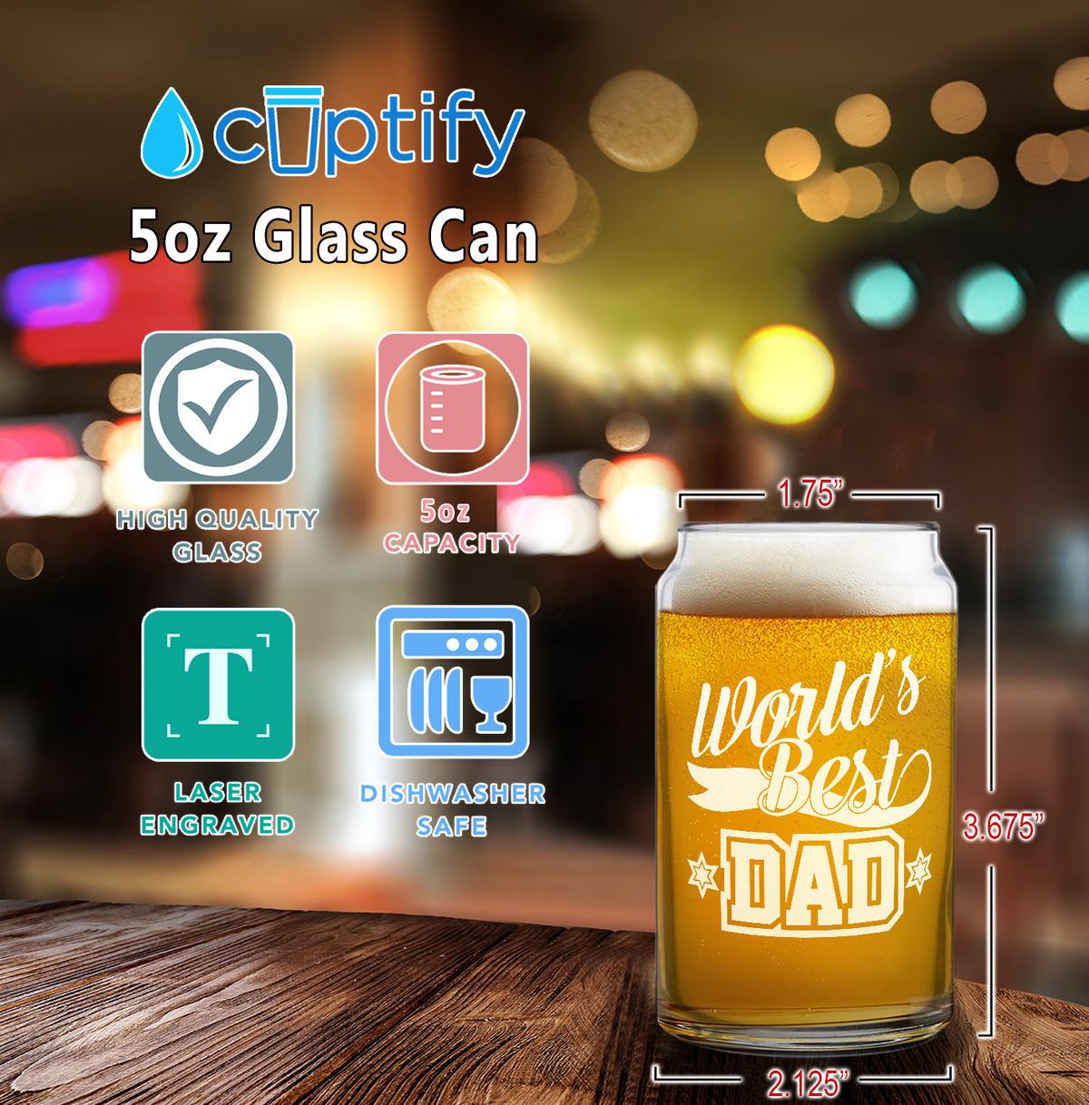  World's Best Dad Etched on 5 oz Beer Glass Can - Set of Four