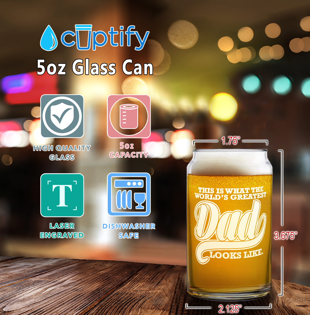  World's Greatest Dad Etched on 5 oz Beer Glass Can - Set of Four