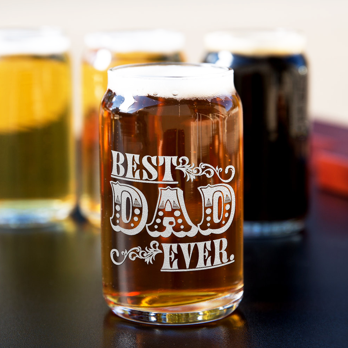  Best Dad Ever Design Etched on 5 oz Beer Glass Can - Set of Four
