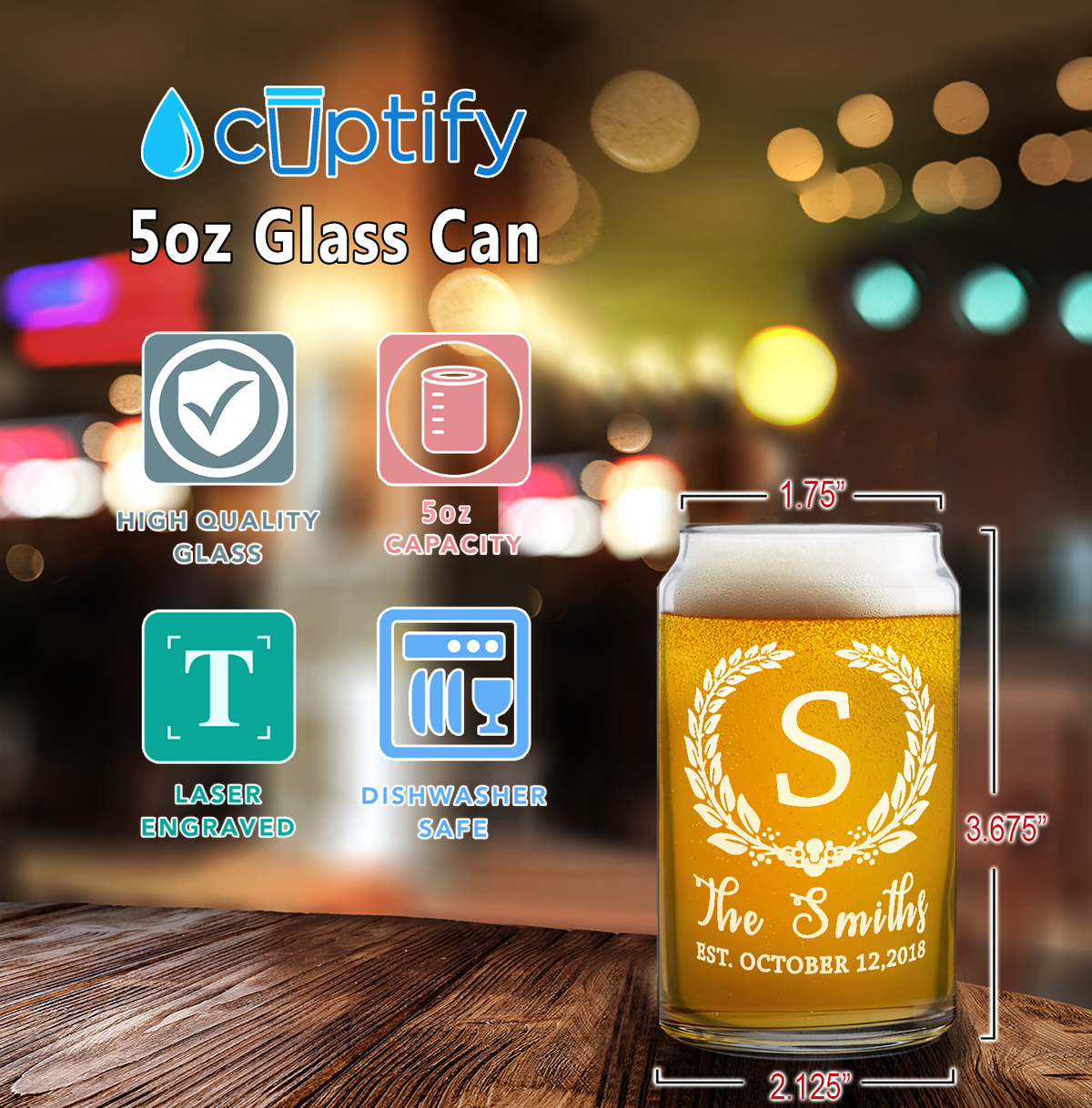 Personalized Crest Monogram Initial and Surname Anniversary Date 5 oz Glass Can