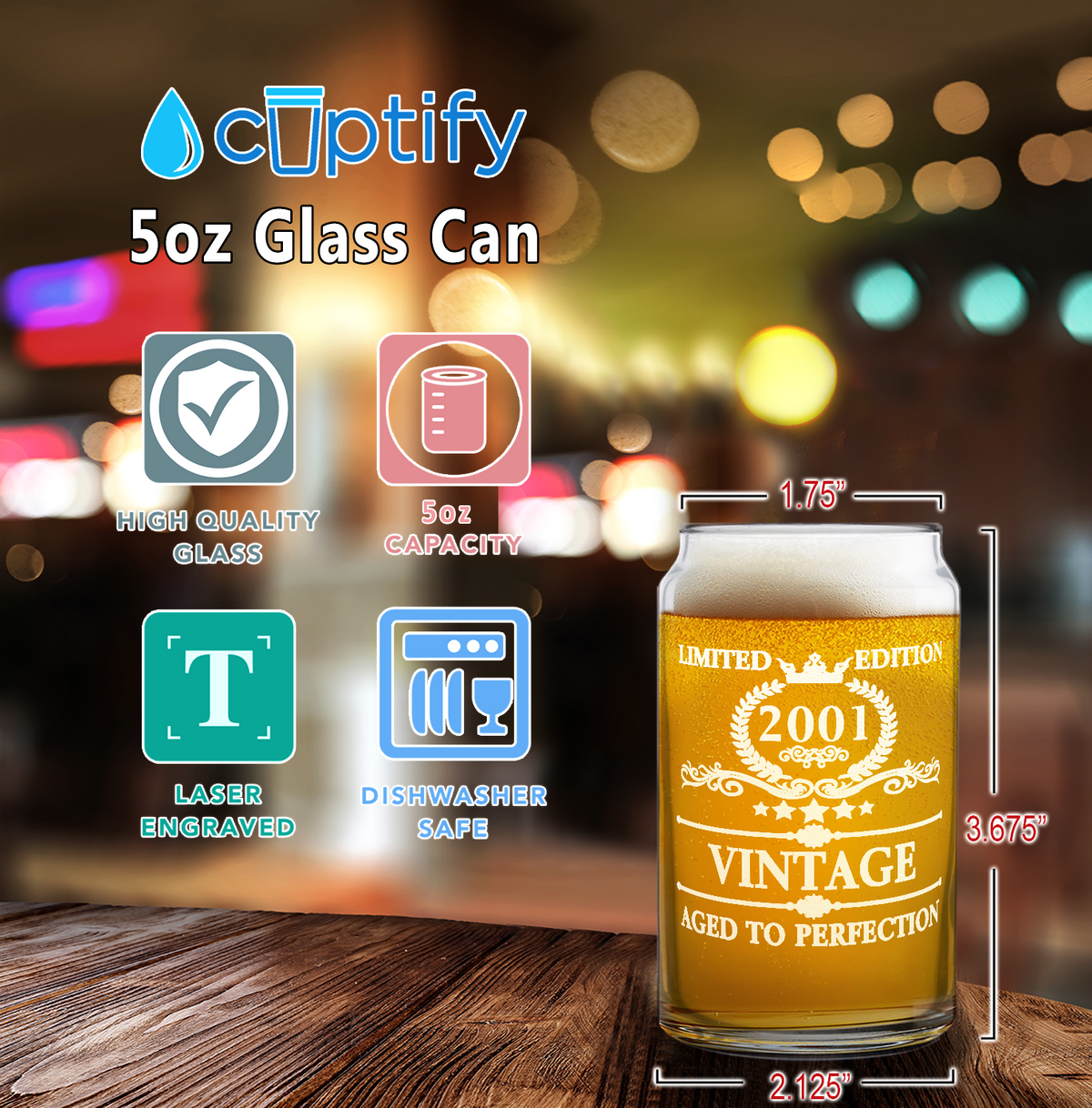 21st Birthday Vintage 21 Years Old Established 2001 5 oz Glass Can 