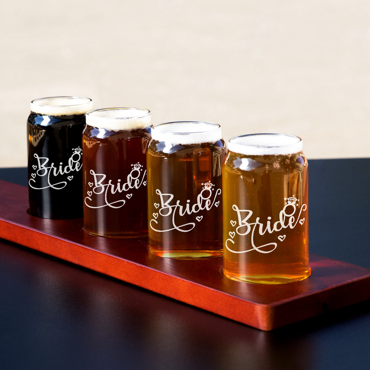  Bride Hearts Etched on 5 oz Beer Glass Can - Set of Four