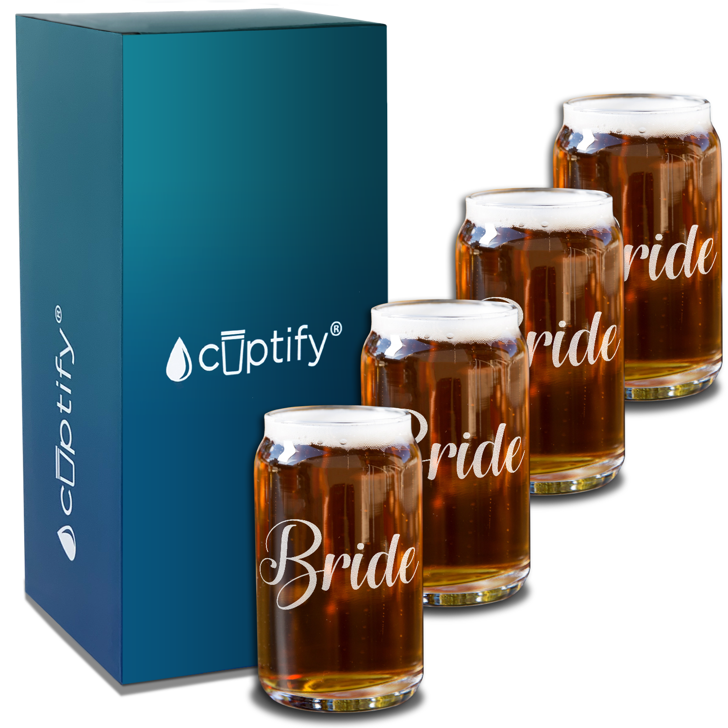  Bride Etched on 5 oz Beer Glass Can - Set of Four