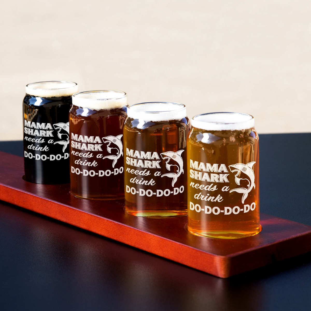  Mama Shark Needs A Drink Etched on 5 oz Beer Glass Can - Set of Four