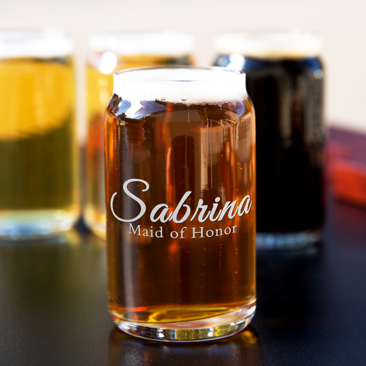  Personalized Maid of Honor Etched on 5 oz Beer Glass Can - Set of Four