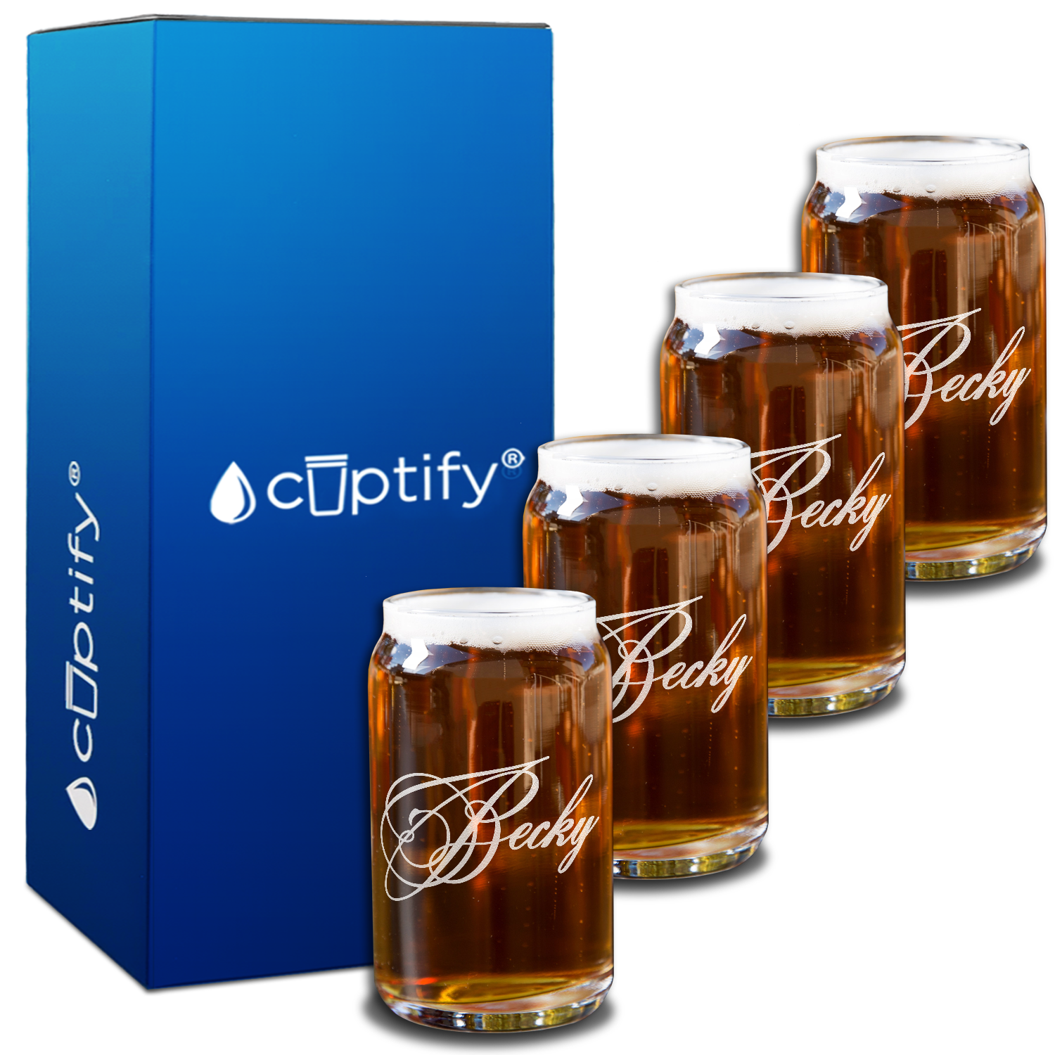 Personalized Decorative Script Etched on 5oz Glass Can Set of Four