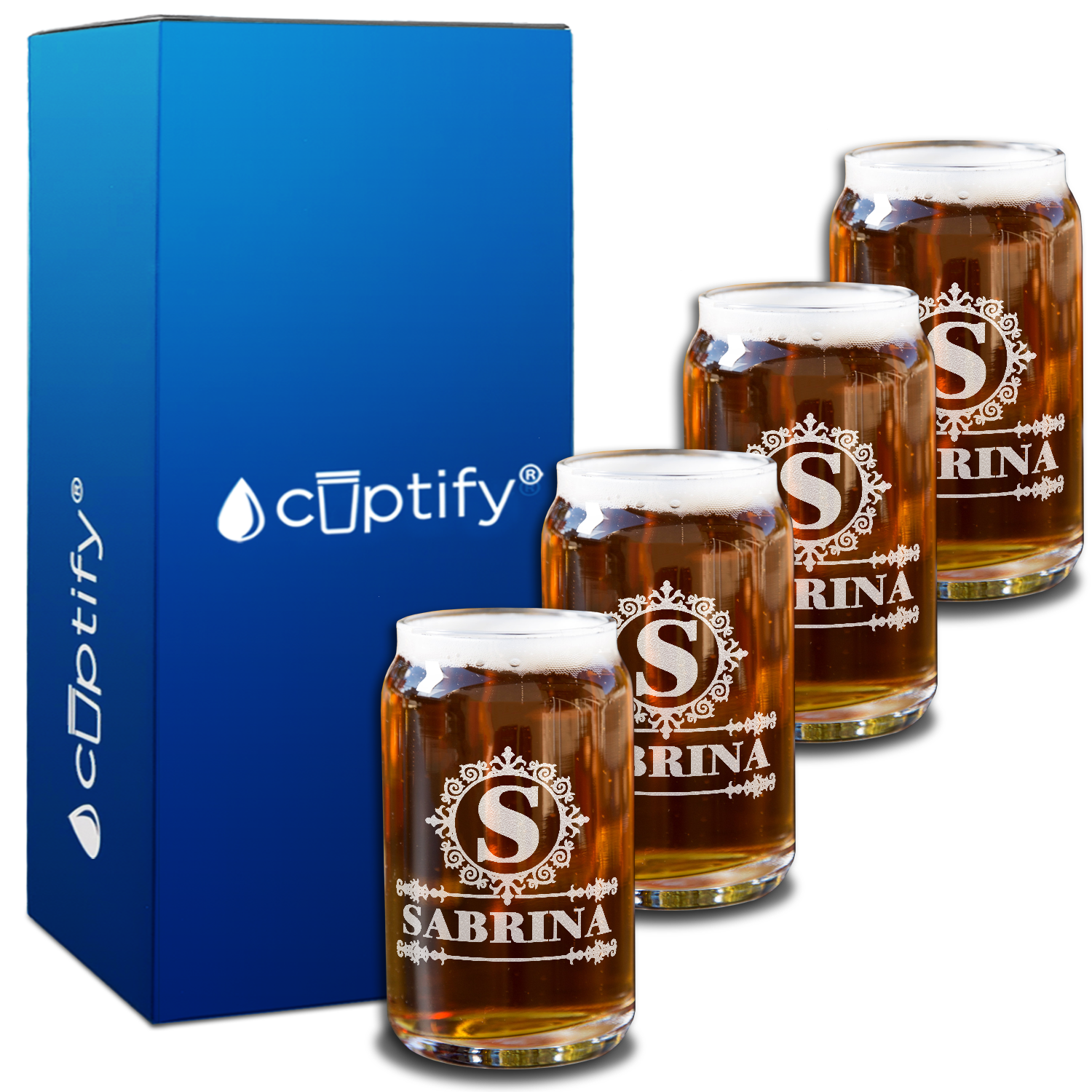 Personalized Ultramodern Etched on 5oz Glass Can Set of Four