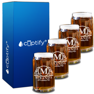 Personalized Elaborate Circle Monogram Etched on 5oz Glass Can Set of Four
