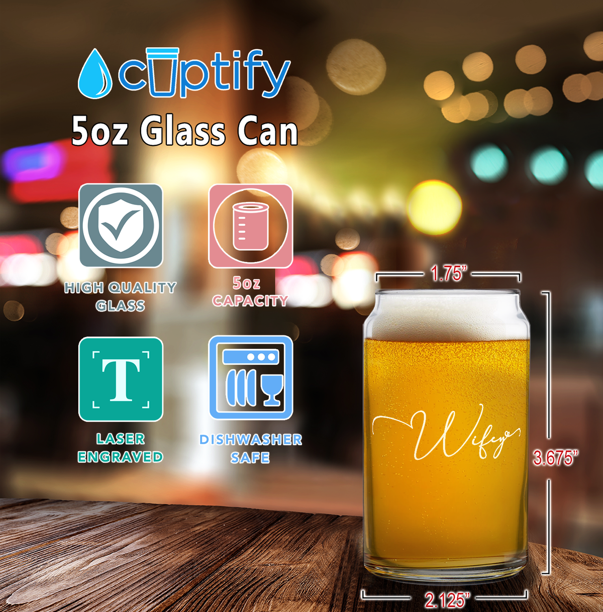  Wifey Etched on 5 oz Beer Glass Can - Set of Four