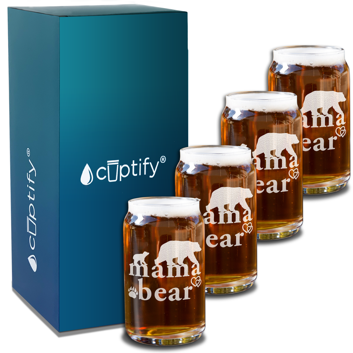  Mama Bear Etched on 5 oz Beer Glass Can - Set of Four