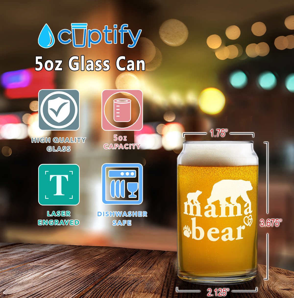  Mama Bear Etched on 5 oz Beer Glass Can - Set of Four