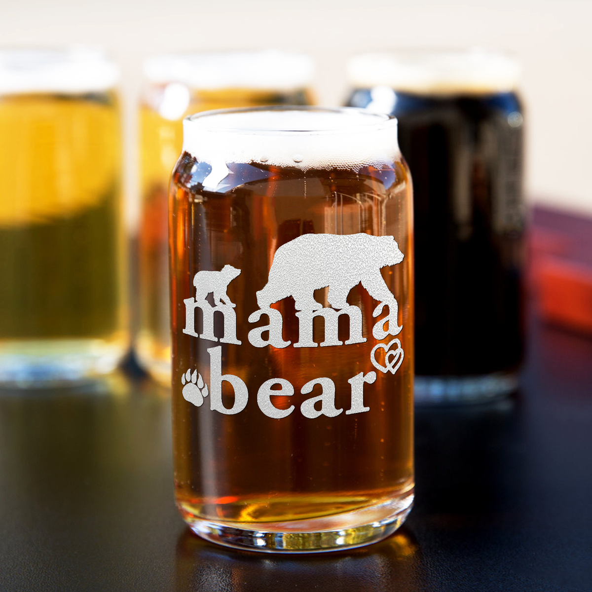  Mama Bear Etched on 5 oz Beer Glass Can - Set of Four