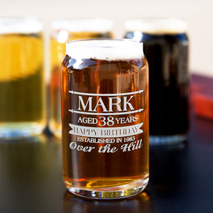 Personalized Name Year and Age Classic Happy Birthday Over The Hill 5 oz Glass Can