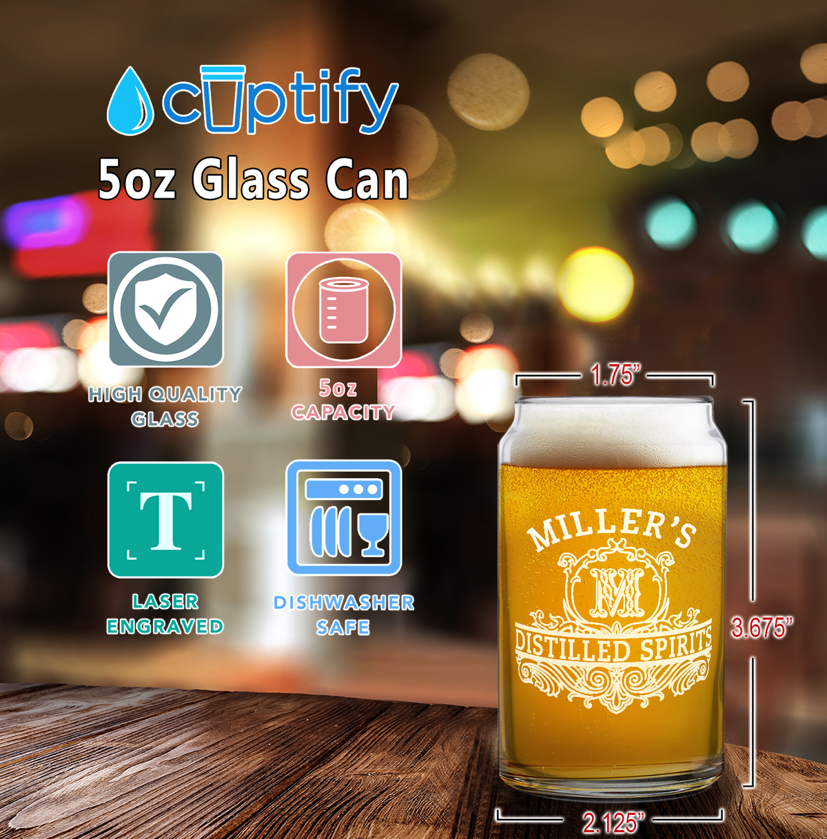 Personalized Distilled Spirits Surname and Initial 5 oz Glass Can