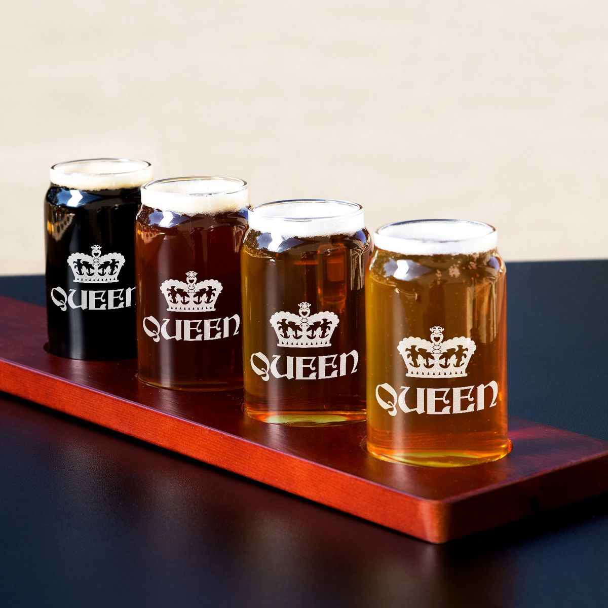  Queen Crown Etched on 5 oz Beer Glass Can - Set of Four