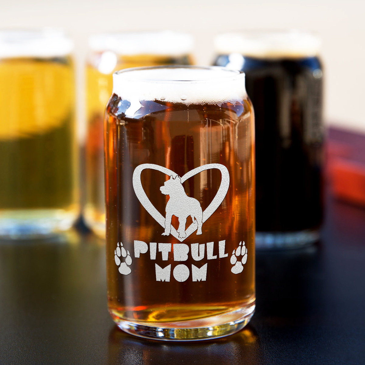  Pitbull Mom Etched on 5 oz Beer Glass Can - Set of Four