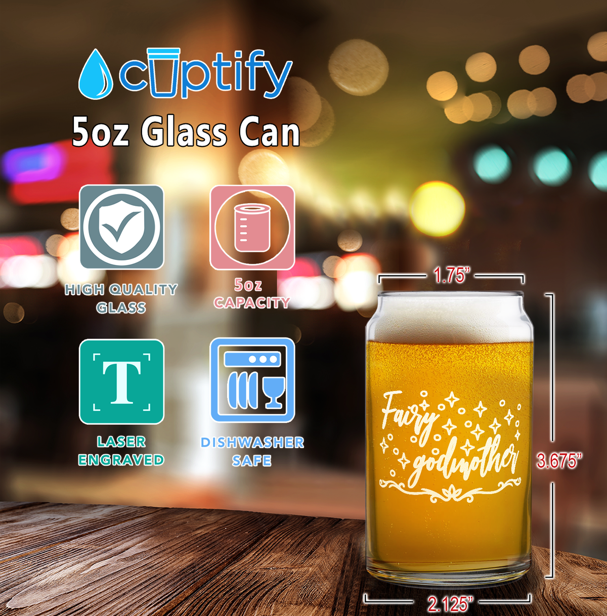  Fairy Godmother 5 oz Beer Glass Can - Set of Four