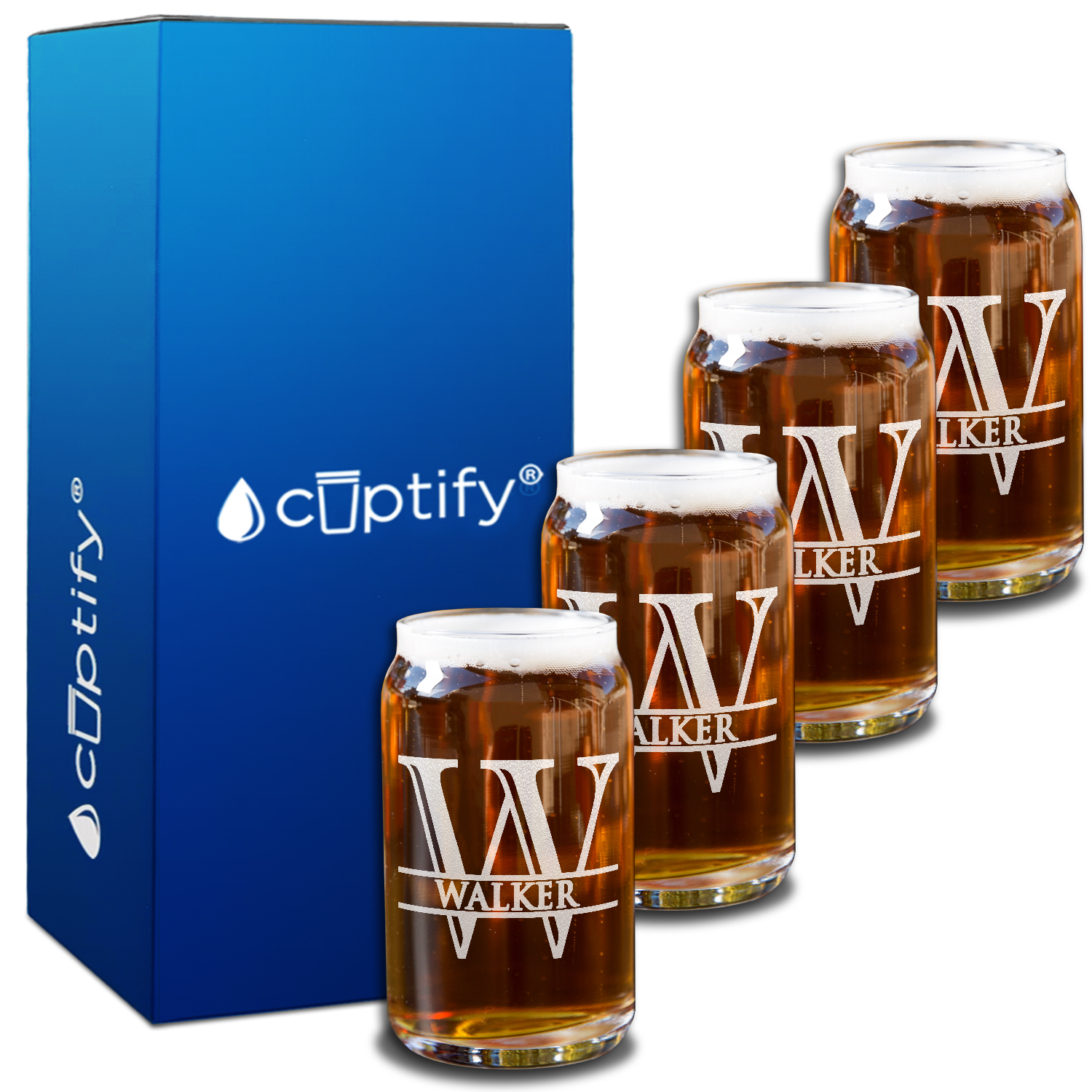 Personalized Initial Monogram with Name 5oz Glass Can Set of Four