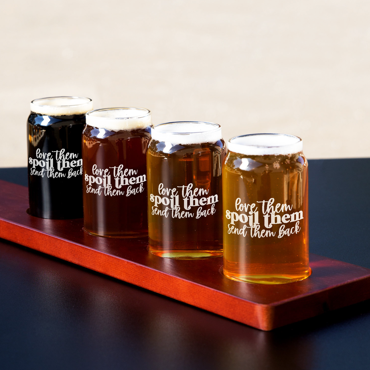  Love Them Spoil Them Etched on 5 oz Beer Glass Can - Set of Four