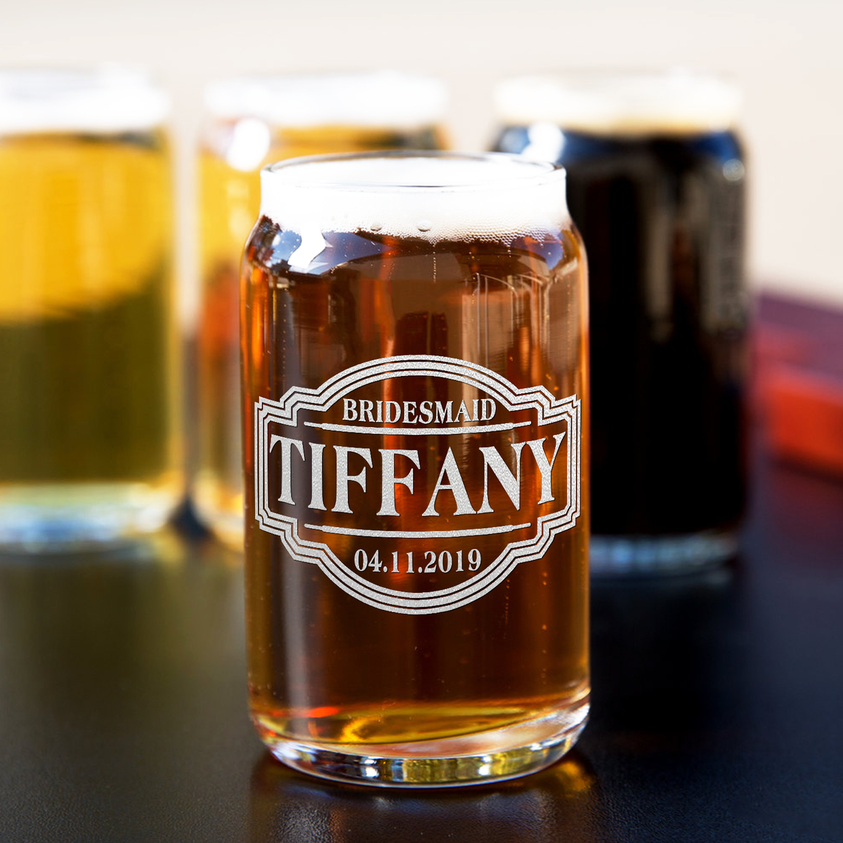  Personalized Bridesmaid Etched on 5 oz Beer Glass Can - Set of Four