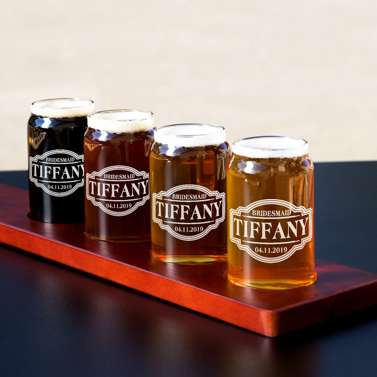  Personalized Bridesmaid Etched on 5 oz Beer Glass Can - Set of Four