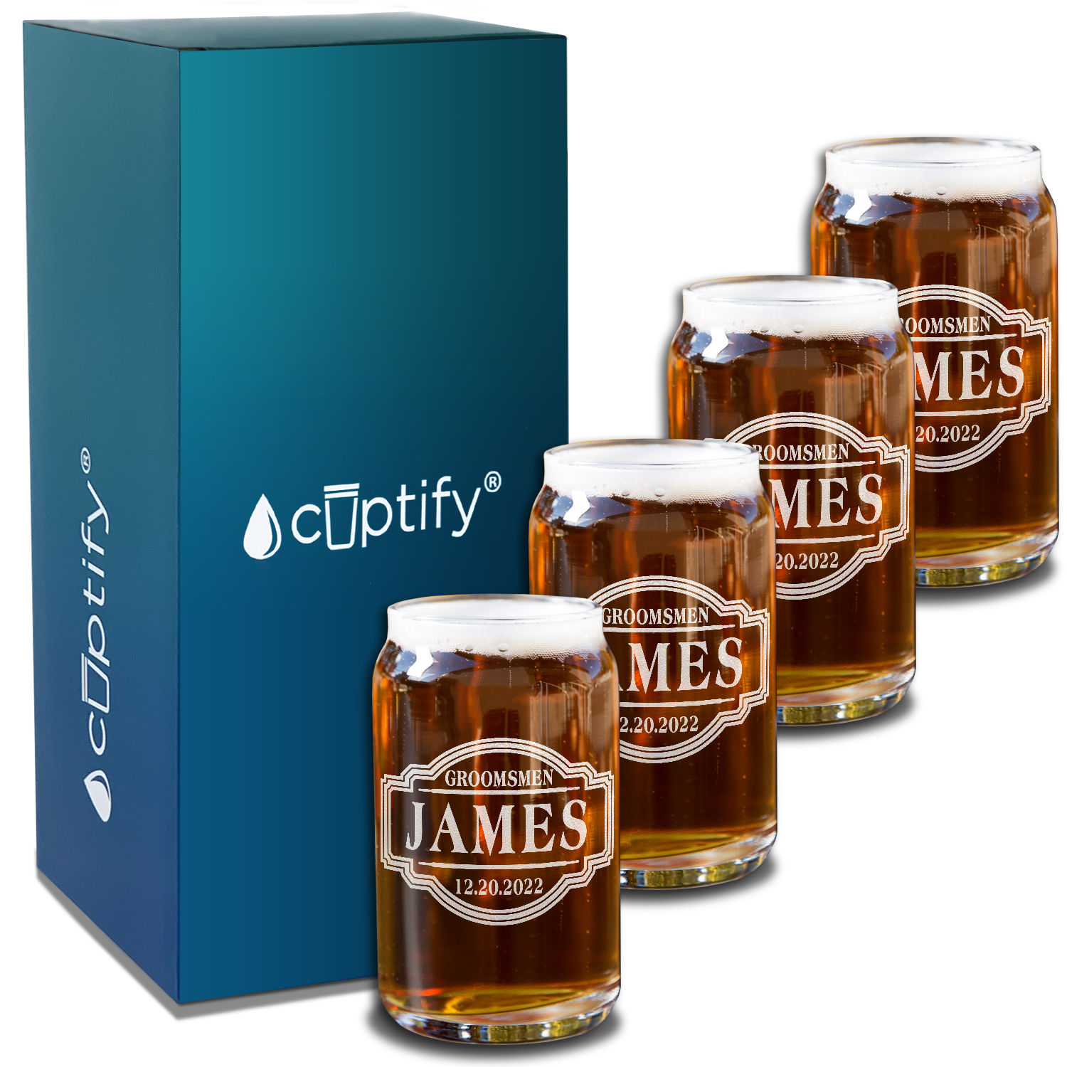  Personalized Groomsmen Etched on 5 oz Beer Glass Can - Set of Four