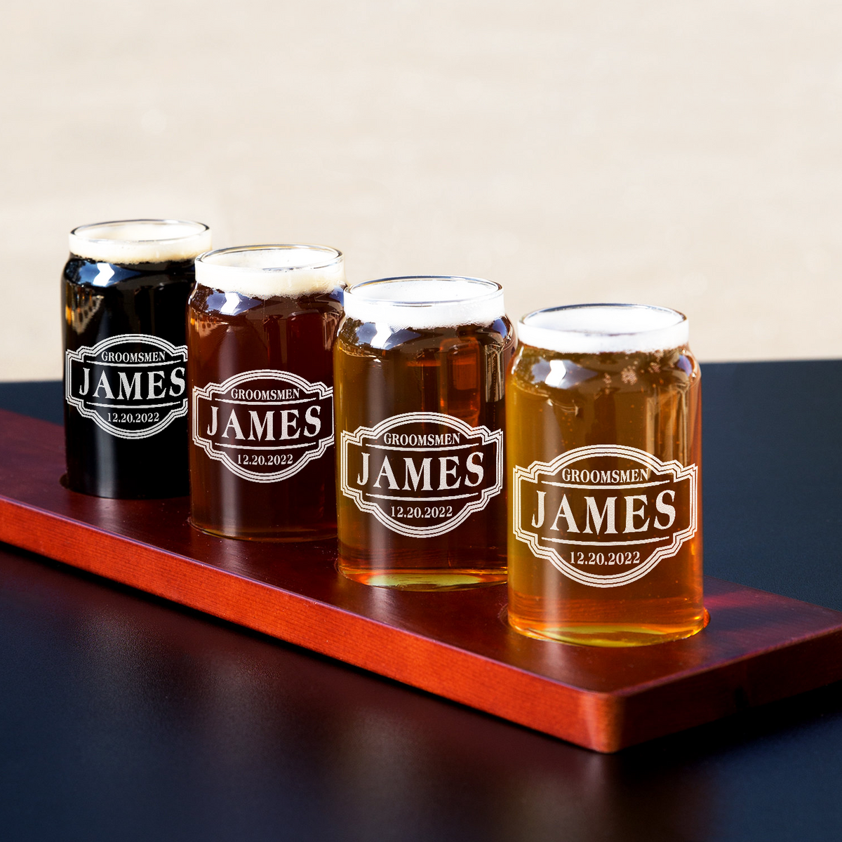  Personalized Groomsmen Etched on 5 oz Beer Glass Can - Set of Four