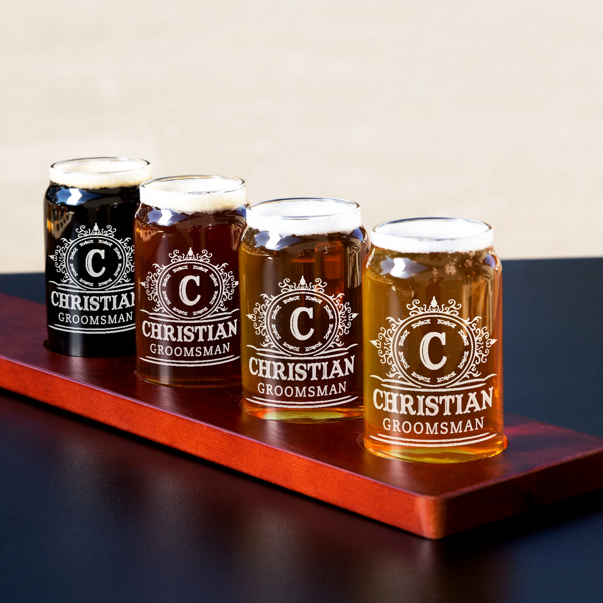  Personalized Groomsman Initial Etched on 5 oz Beer Glass Can - Set of Four