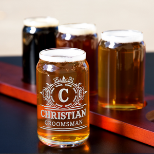 Personalized Groomsman Initial Etched on 5 oz Beer Glass Can - Set of Four
