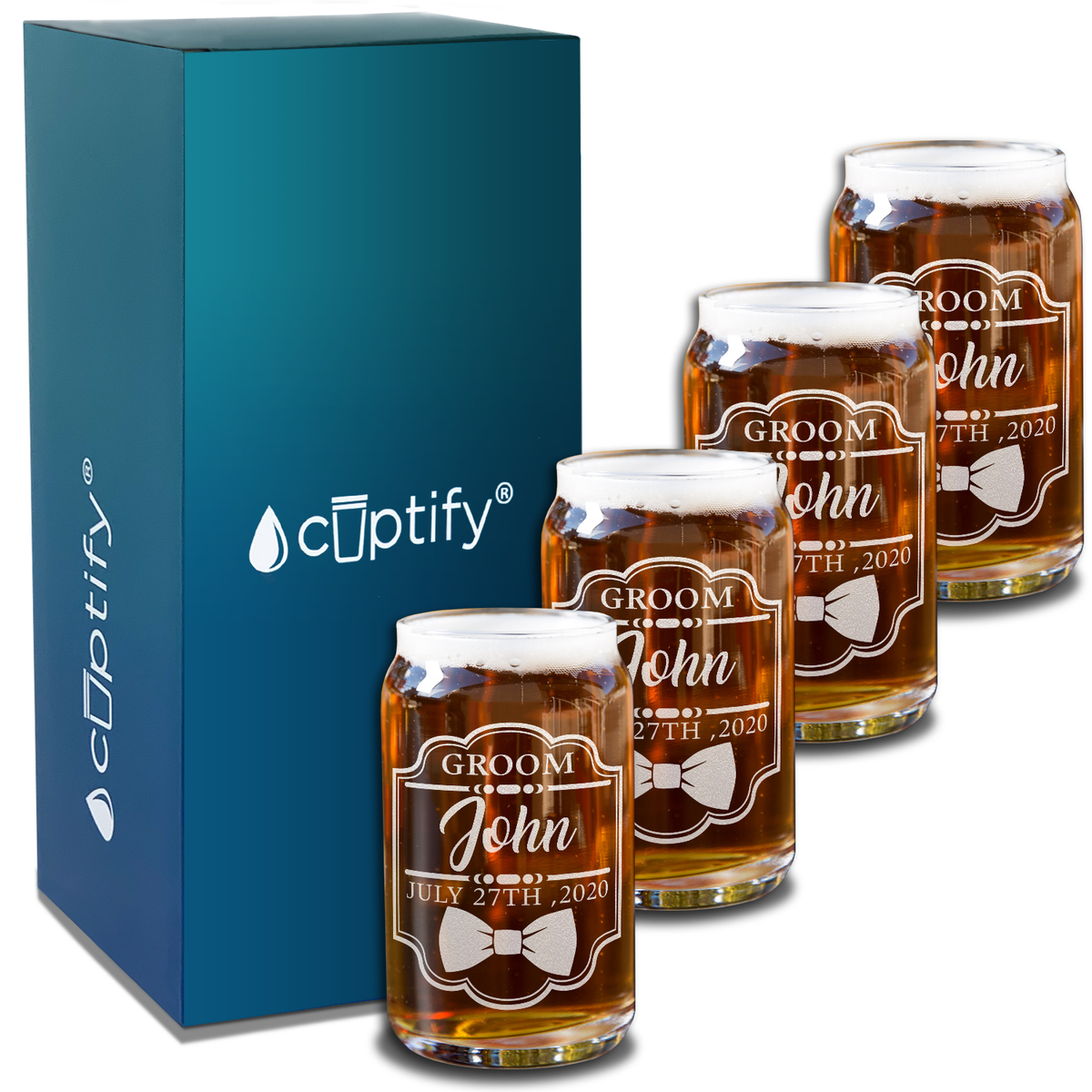  Personalized Groom Etched on 5 oz Beer Glass Can - Set of Four