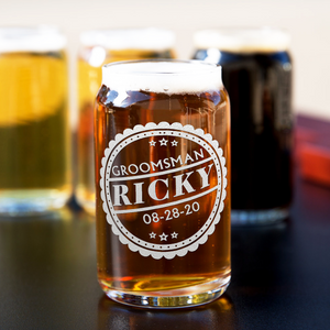  Personalized Groomsman Crest Etched on 5 oz Beer Glass Can - Set of Four