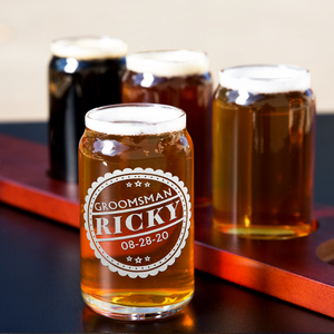  Personalized Groomsman Crest Etched on 5 oz Beer Glass Can - Set of Four