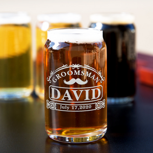  Personalized Groomsman with Mustache Etched on 5 oz Beer Glass Can - Set of Four