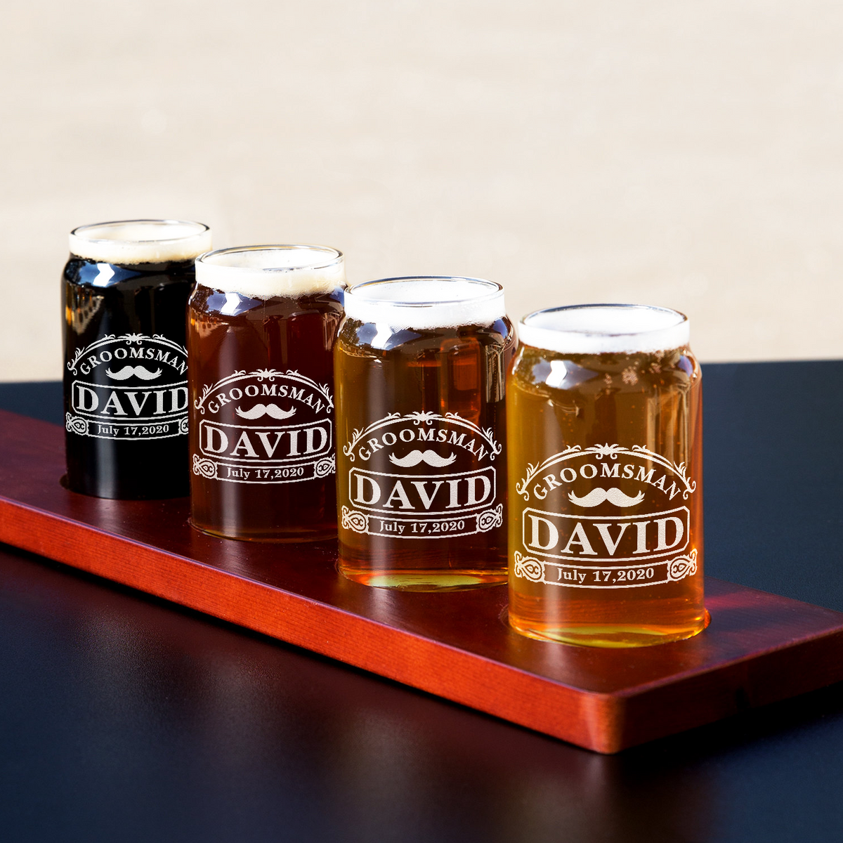  Personalized Groomsman with Mustache Etched on 5 oz Beer Glass Can - Set of Four
