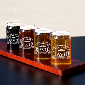  Personalized Groomsman with Mustache Etched on 5 oz Beer Glass Can - Set of Four