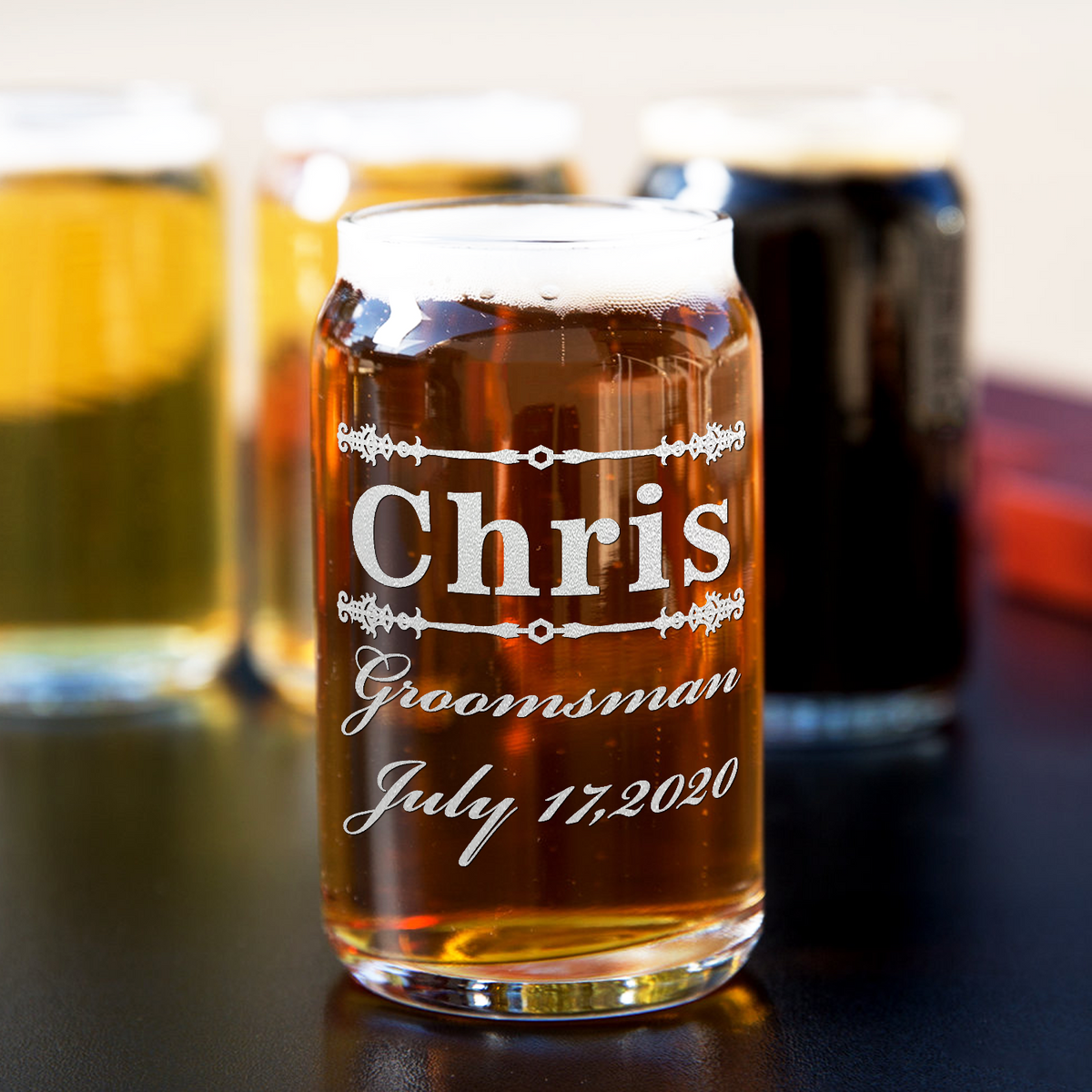  Personalized Groomsman Elegant Etched on 5 oz Beer Glass Can - Set of Four