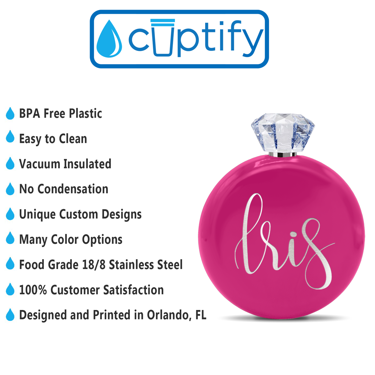 Personalized Bright Pink Gloss 5oz Jewel Liquor Flask