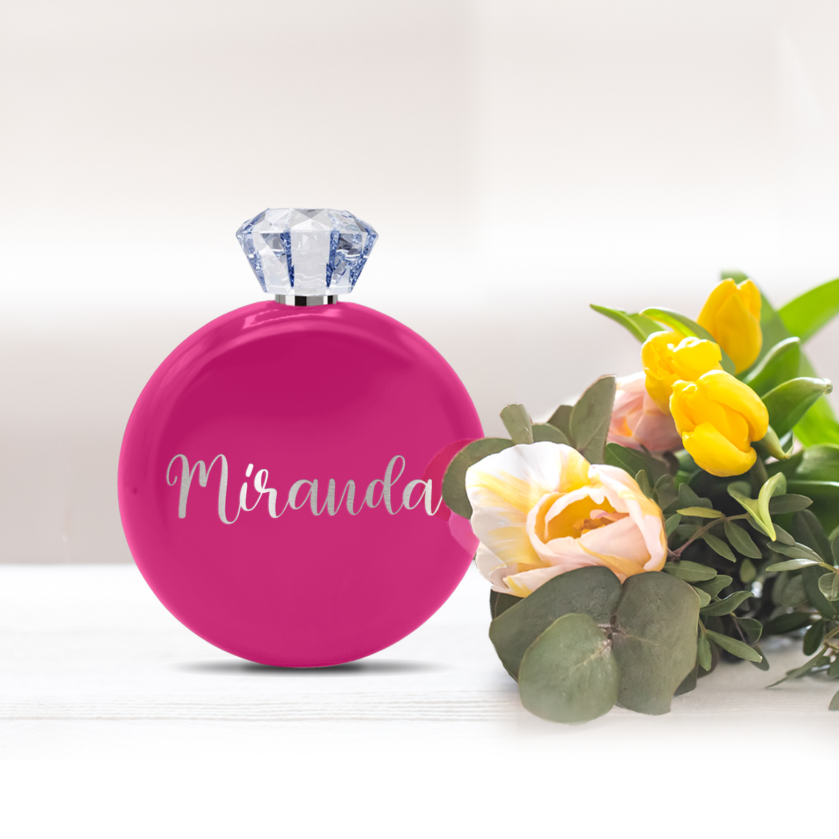 Personalized Bright Pink Gloss 5oz Jewel Liquor Flask