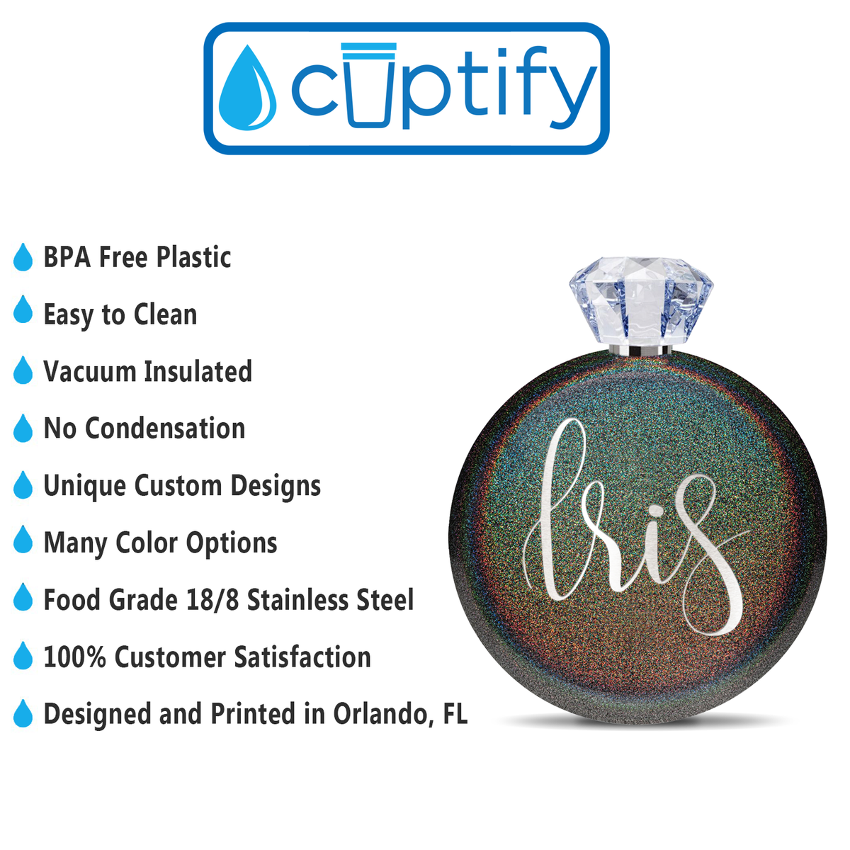 Personalized Black Rainbow Glitter 5oz Jewel Liquor Flask