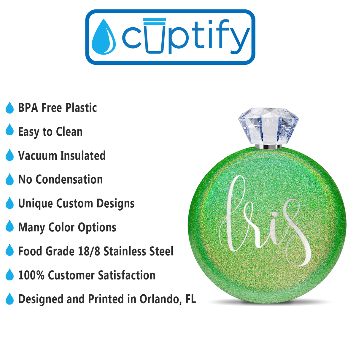 Personalized Emerald Green Glitter 5oz Jewel Liquor Flask