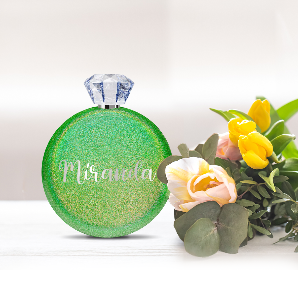 Personalized Emerald Green Glitter 5oz Jewel Liquor Flask