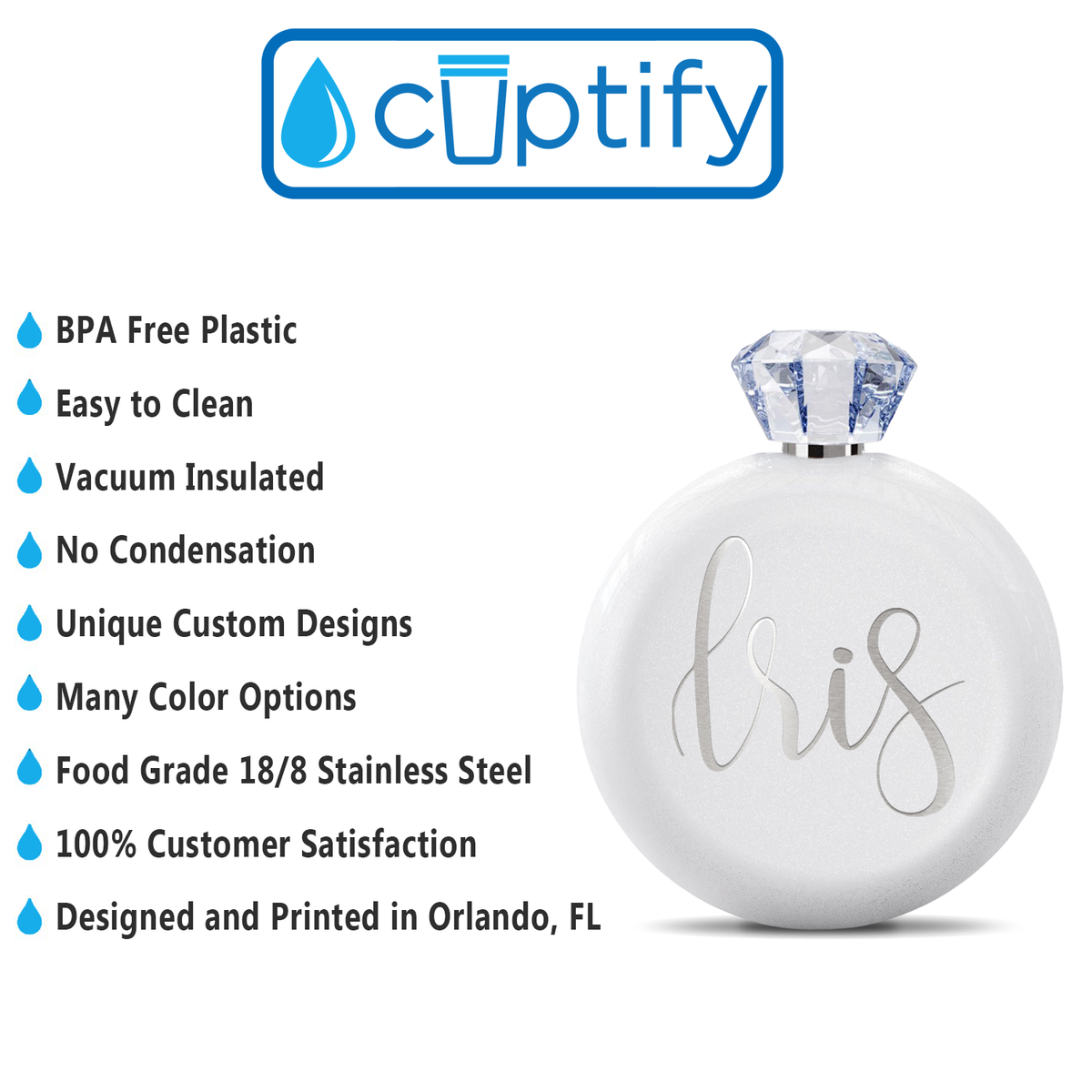 Personalized White Glitter 5oz Jewel Liquor Flask