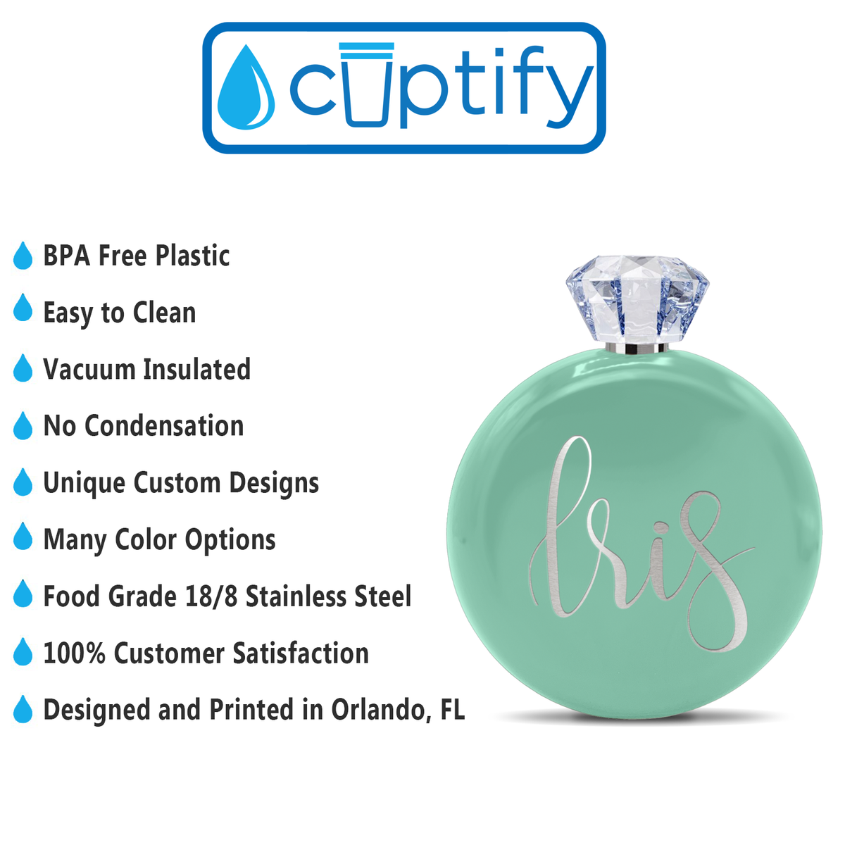 Personalized Mint Green Gloss 5oz Jewel Liquor Flask