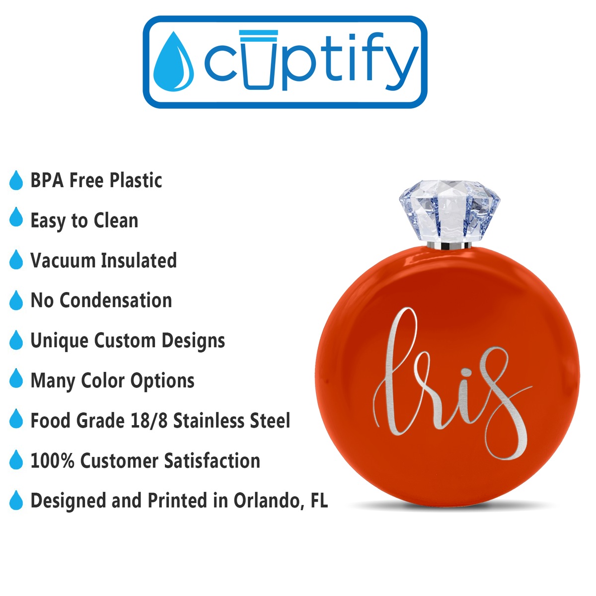 Personalized Orange Gloss 5oz Jewel Liquor Flask