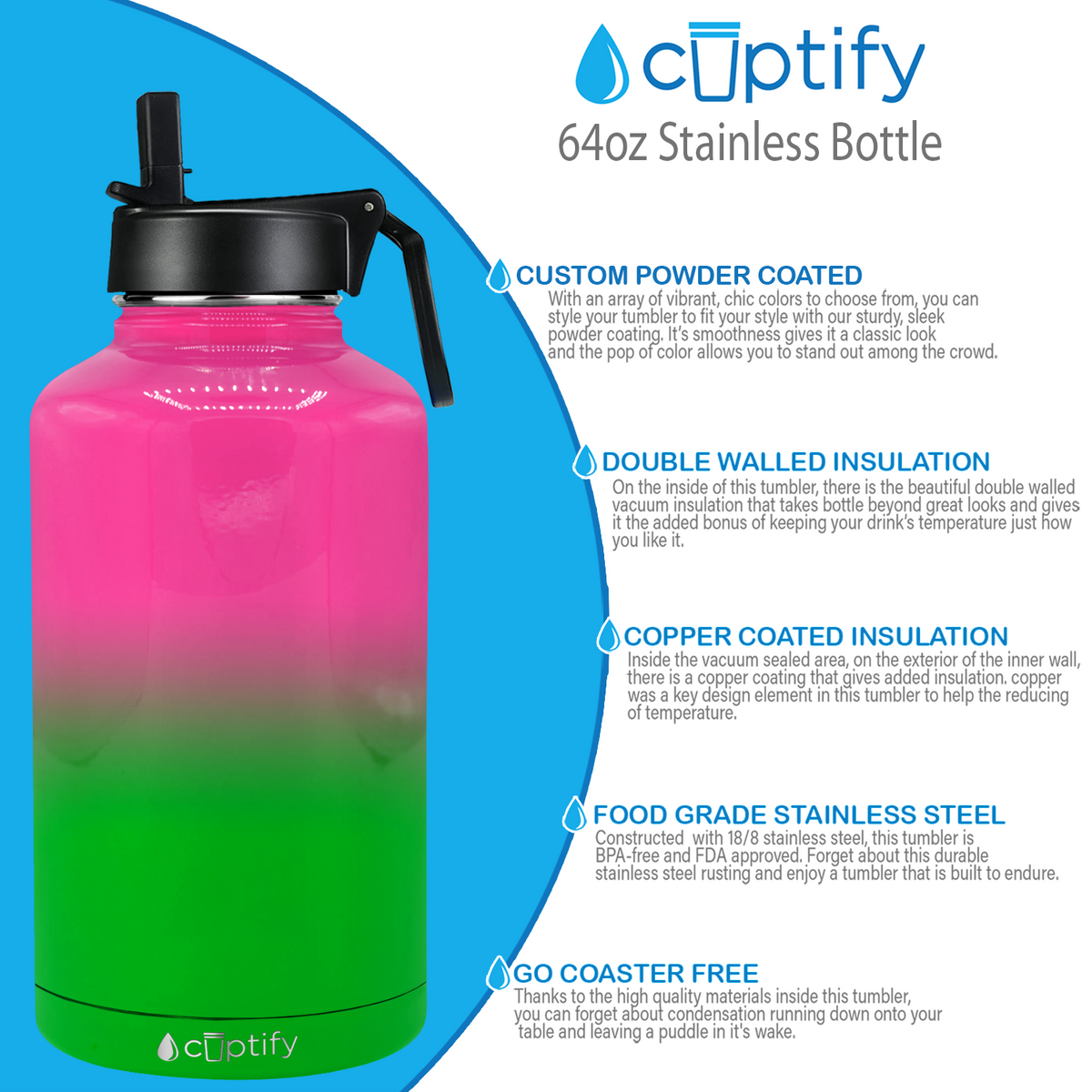 Watermelon Ombre 64oz Wide Mouth Water Bottle