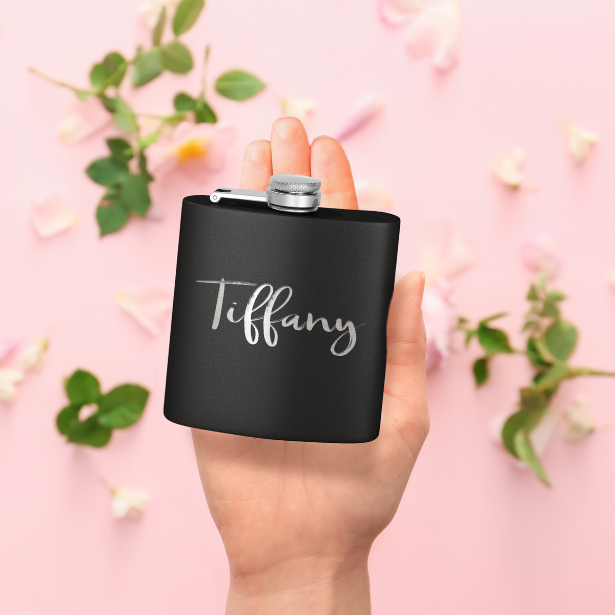 Cuptify Personalized for Women Laser Engraved on Black 6 oz Hip Flask