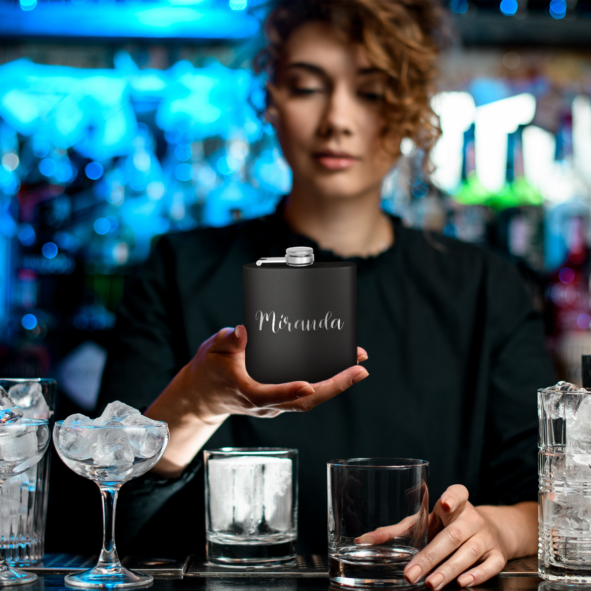 Cuptify Personalized for Women Laser Engraved on Black 6 oz Hip Flask