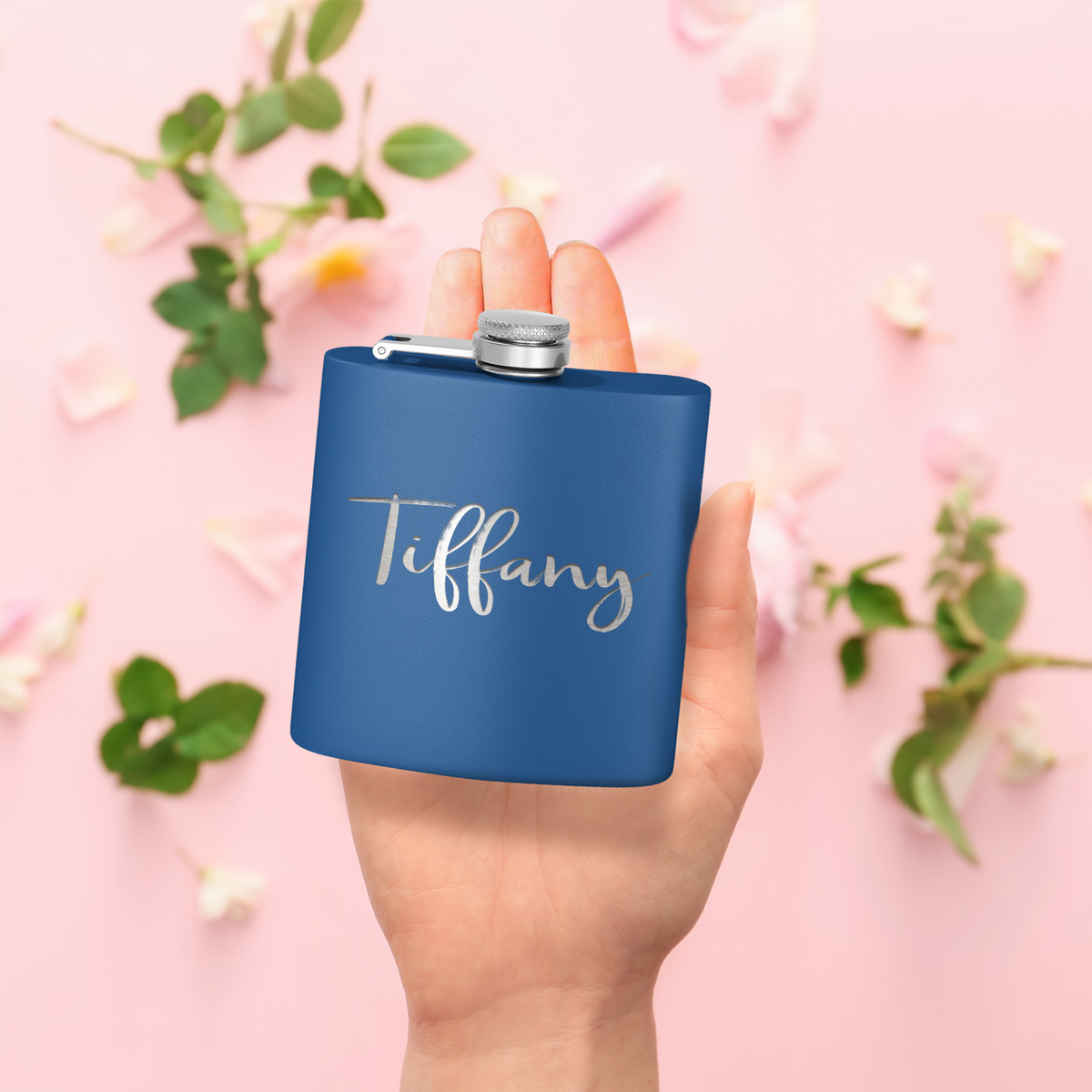 Cuptify Personalized for Women Laser Engraved on Blue 6 oz Hip Flask