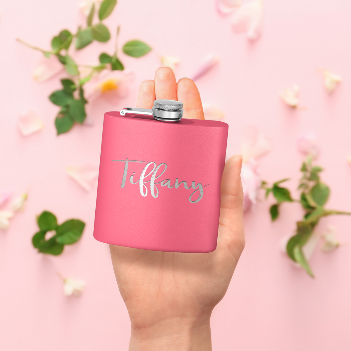 Cuptify Personalized for Women Laser Engraved on Baby Pink 6 oz Hip Flask