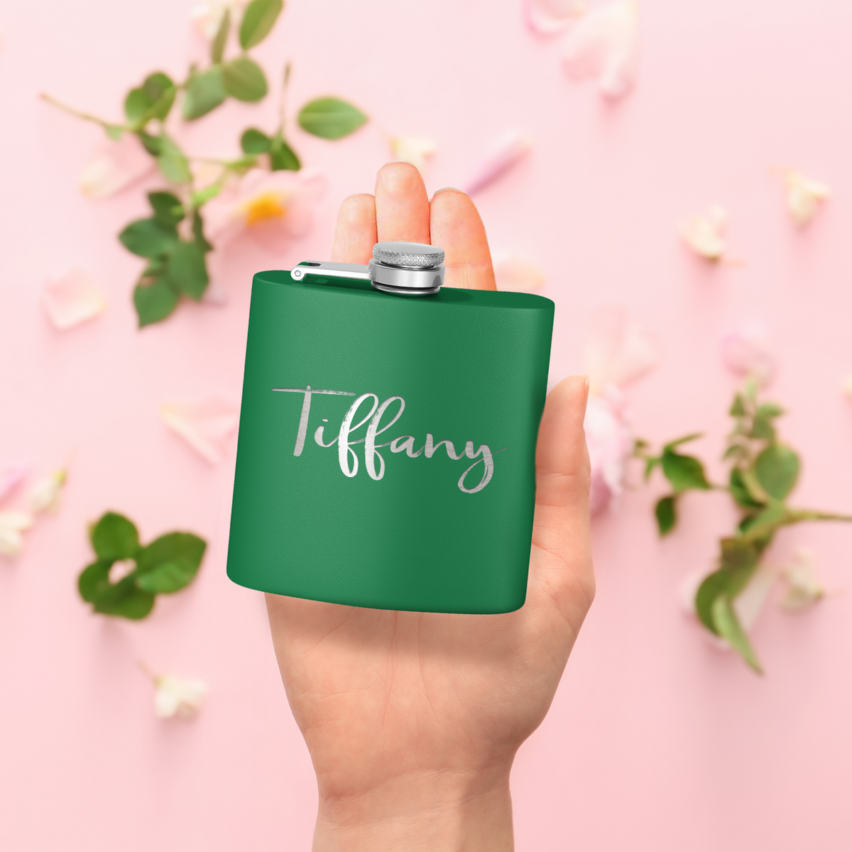 Cuptify Personalized for Women Laser Engraved on Green 6 oz Hip Flask